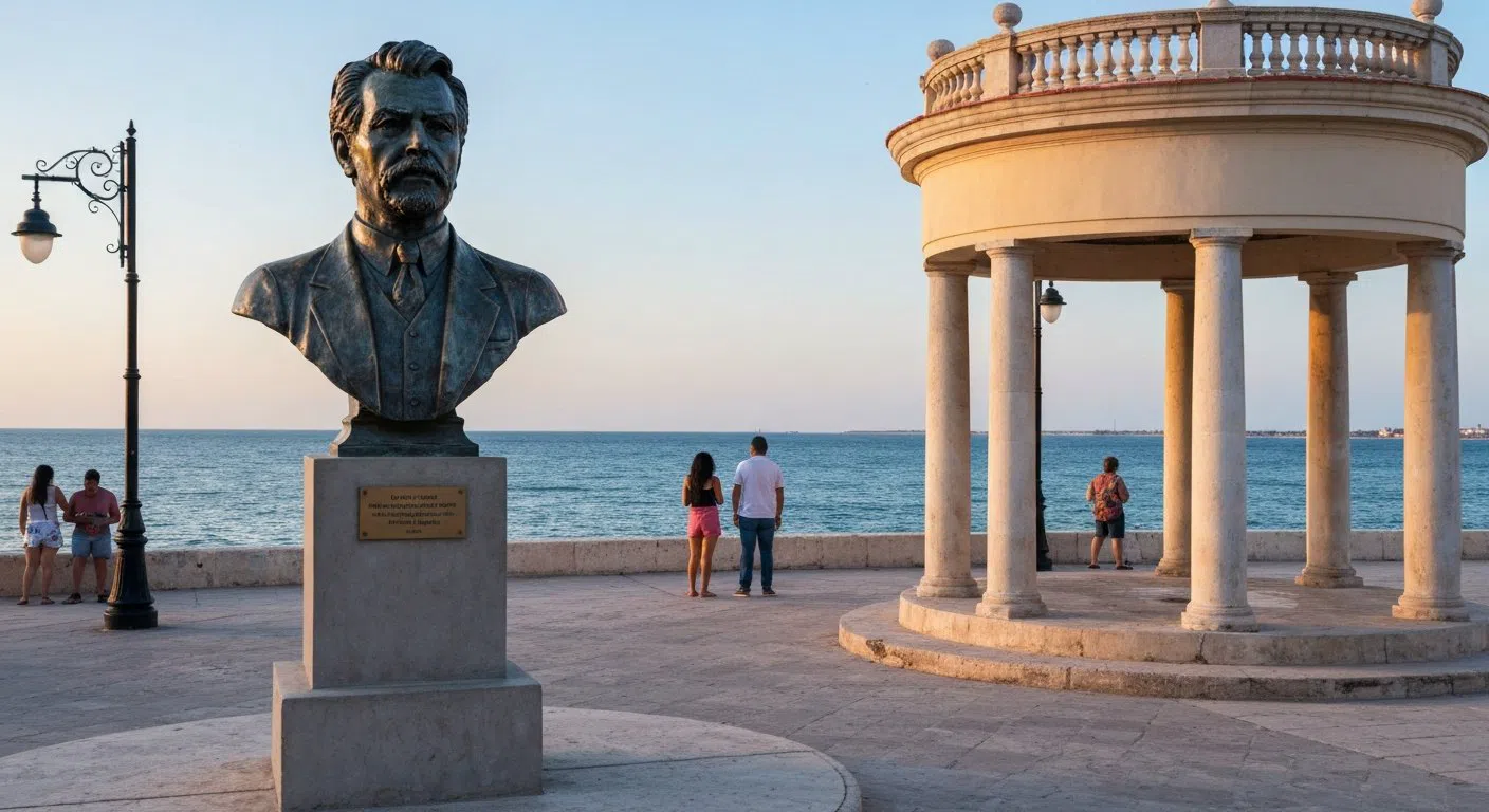 Die bronzene Hemingway-Büste unter einer kleinen neoklassizistischen Rotunde am Wasser in Cojímar, später Nachmittag über dem Meer