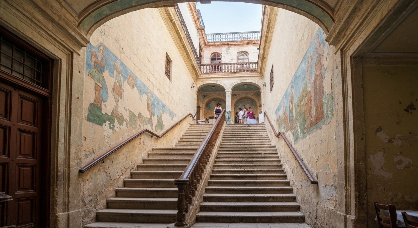 the staircase inside La Guarida on Concordia 418, peeling frescoes and worn steps leading upward toward the rooftop restaurant